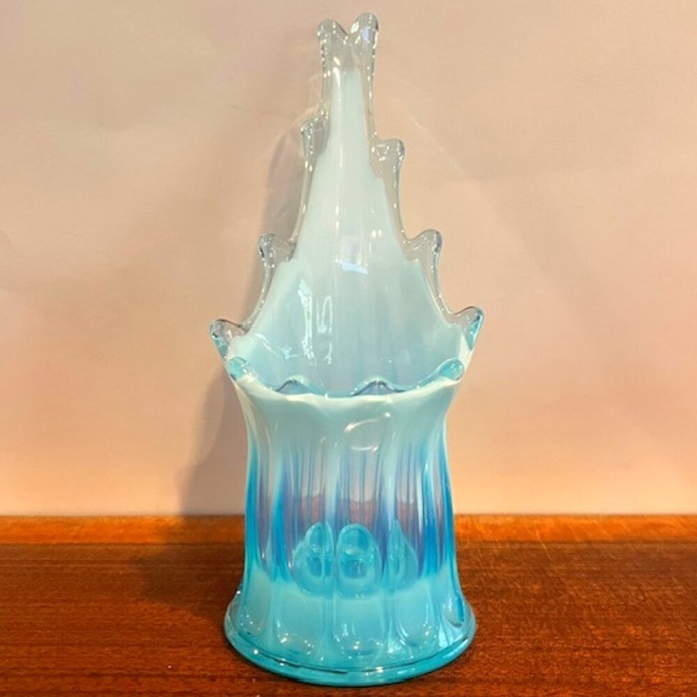 Vintage Fostoria Heirloom Blue Opalescent Swung Ribbed Candle Taper Holder